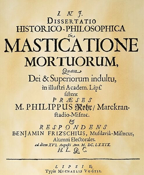 VAMPIRE BOOK, 1679. Title-page of Philip Rohrs dissertation on vampirism, De Masticatione Mortuorum, published at Leipzig in 1679