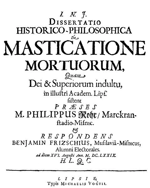 VAMPIRISM TEXT, 1679. Title page of Philip Rohrs dissertation on vampirism, De
