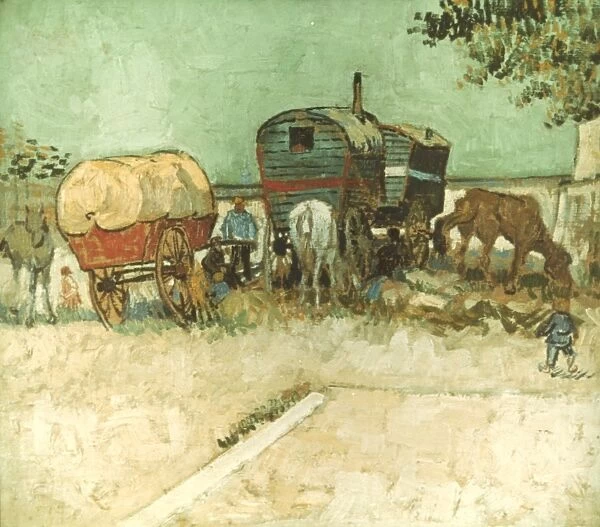 VAN GOGH: GYPSIES, 1888. Gypsy Encampment with Caravans. Oil on canvas by Vincent Van Gogh
