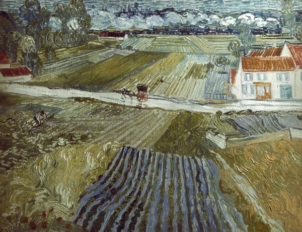VAN GOGH: LANDSCAPE, c1888. Landscape with cart and train. Oil on canvas by Vincent Van Gogh
