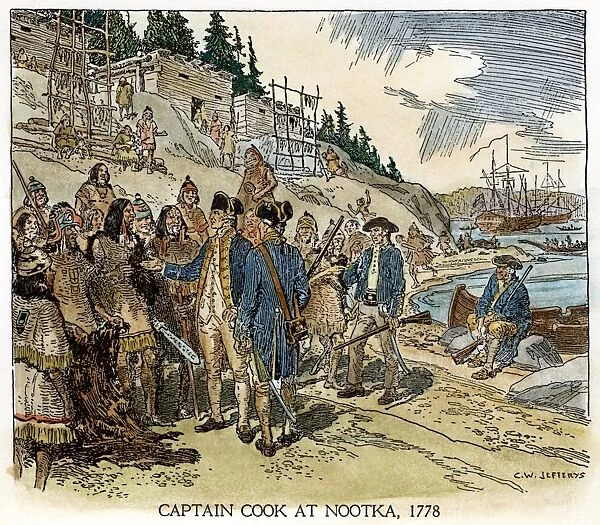VANCOUVER ISLAND, 1778. Captain James Cook at Nootka Sound, Vancouver Island, Canada, in 1778