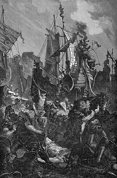 VANDAL INVASION OF AFRICA. The landing of the Vandals in North Africa, 5th century A. D. Line engraving