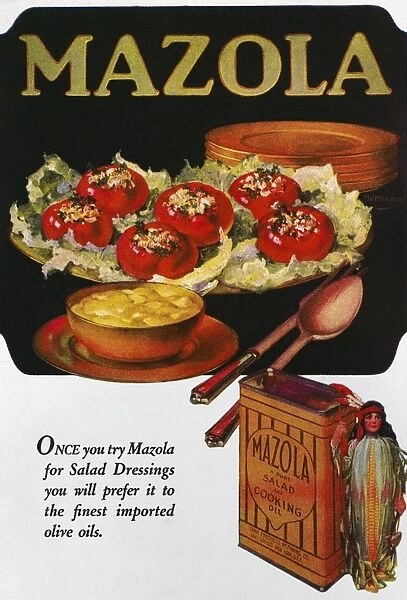 VEGETABLE OIL AD, 1920. American advertisement for Mazola salad oil, 1920