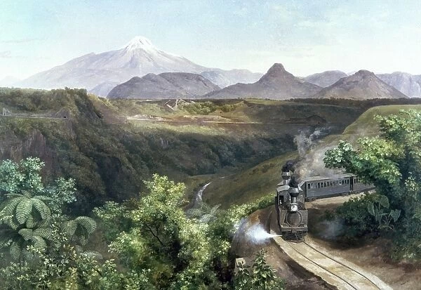 VELASCO: THE TRAIN, 1897. The Train, in the shadow of the volcano El Citlaltepetl, in southern Mexico. Oil on canvas by JosÔÇÜ MarÔÇÜia Velasco, 1897