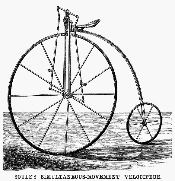 VELOCIPEDE, 1869. Soules simultaneous movement penny farthing velocipede. Wood engraving, American, 1869