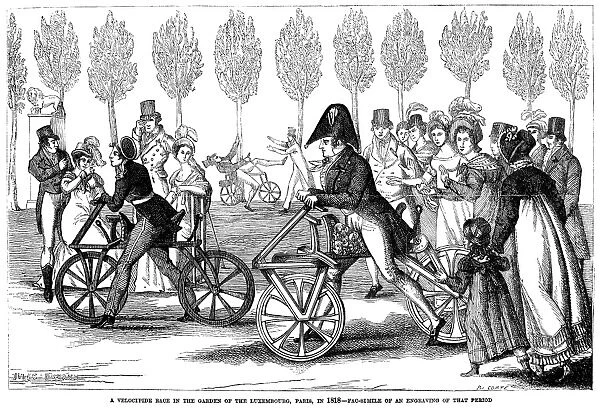 The velocipede course in the garden of the Luxembourg, Paris, France, in 1818. Wood engraving, French, 19th century