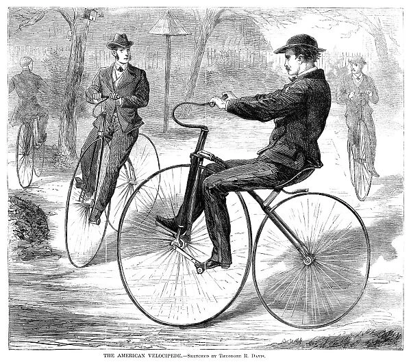 VELOCIPEDES, 1868. American men riding velocipedes. Wood engraving, American, 1868