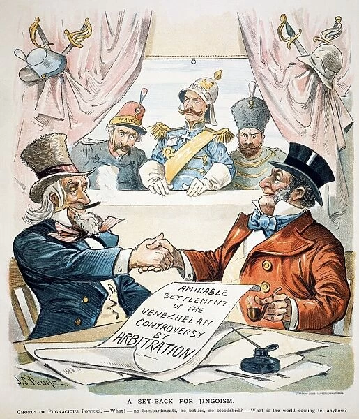 VENEZUELA BOUNDARY, 1896. An 1896 American cartoon by J. S. Pughe hailing the amicable settlement by arbitration of the Venezuelan Boundary dispute