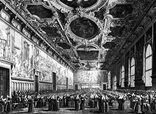 VENICE: DOGEs PALACE. Meeting of senators at the Doges Palace in Venice, Italy. Engraving after a painting by Giovanni Antonio Canaletto, 18th century