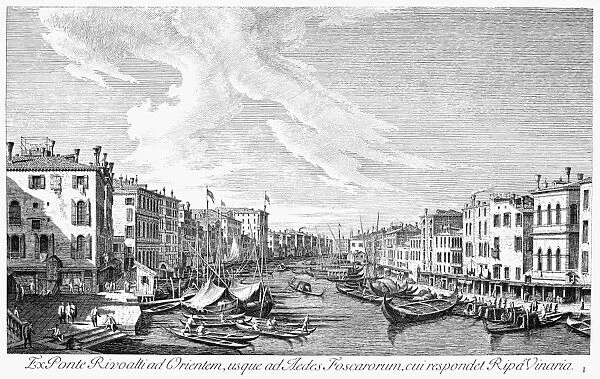 VENICE: GRAND CANAL, 1742. The Grand Canal in Venice, Italy, looking southwest from the Rialto Bridge to the Palazzo Foscari. Line engraving, 1742, by Antonio Visentini after Canaletto