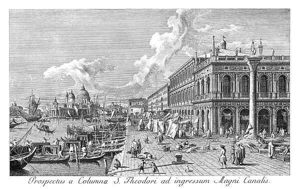 VENICE: THE MOLO, 1735. The Molo in Venice, Italy, looking west, Column of St