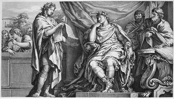 VERGIL (70-19 B. C. ). Roman poet. Vergil reading to his patron, Augustus Caesar. Line engraving, French, 18th century