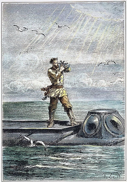 VERNE: 20, 000 LEAGUES, 1870. Captain Nemo atop the Nautilus taking the altitude of the sun. Wood engraving after a drawing by Alphonse de Neuville from an 1870 edition of Twenty Thousand Leagues Under the Sea by Jules Verne