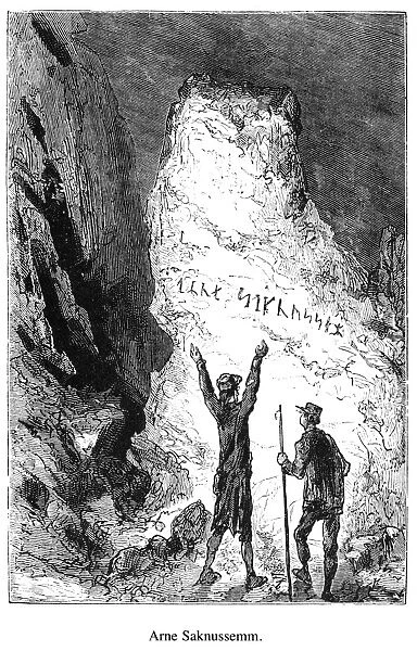 VERNE: JOURNEY. Arne Saknussemm. Wood engraving after a drawing by Edouard Riou from a 19th century edition of Jules Vernes Journey to the Center of the Earth