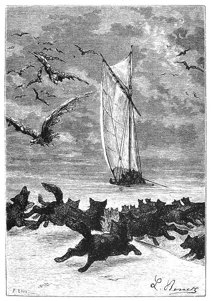 VERNE: AROUND THE WORLD. And sometimes a pack of prairie wolves. Wood engraving after a drawing by Leon Benett from the 1873 edition of Around the World in 80 Days, by Jules Verne