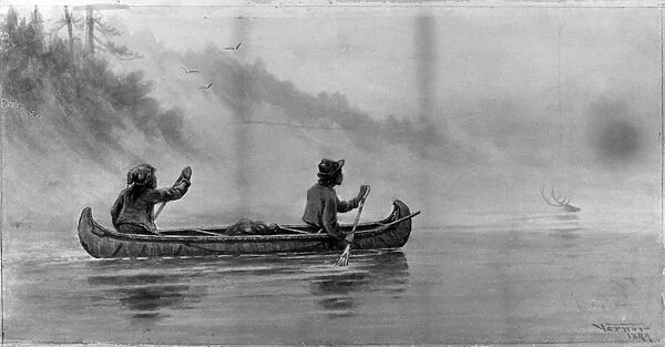 VERNER: CANOE ON RIVER. Two Native Americans paddling a canoe in the Canadian wilderness