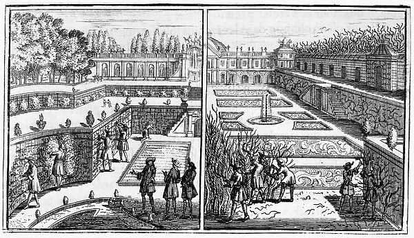 VERSAILLES: GARDEN. Pruning, right, and training vines up a trellis. Line engraving from The Perfect Gardener, Instructions for Fruit and Vegetable Gardens by Jean-Baptiste de La Qintinie, Paris, 1690