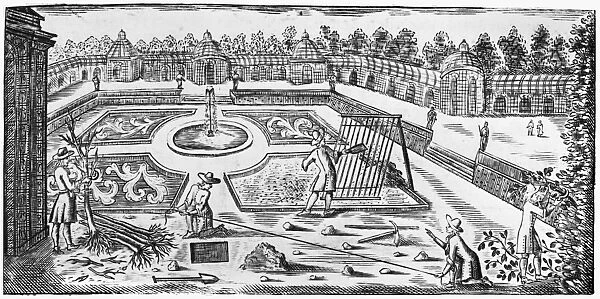VERSAILLES: GARDENS, 1690. Planning and preparing a formal garden. Line engraving from The Perfect Gardener. Instructions for Fruit and Vegetable Gardens by Jean Baptiste de la Quintinie, Paris, 1690