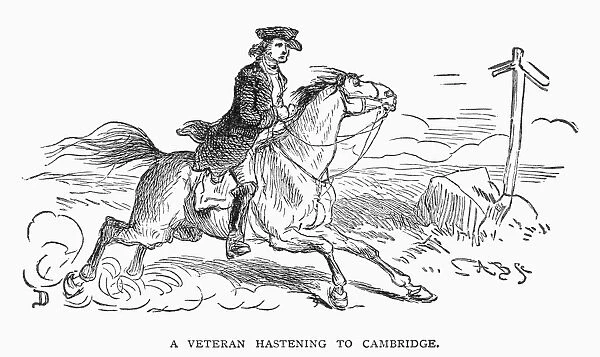A veteran minuteman of the American Revolution hastening to Cambridge, Massachusetts. Line engraving, 19th century