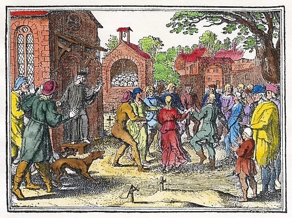 Victims of the hysterical dancing mania of the late Middle Ages in a churchyard. German engraving, c1600