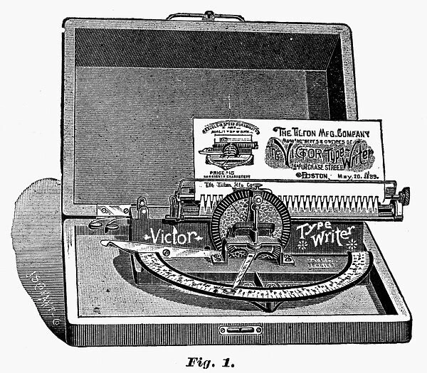VICTOR TYPEWRITER, 1889. The Victor typewriter, operated by moving a pointer over a type-plate, then pressing the desired character. Wood engraving, American, 1889