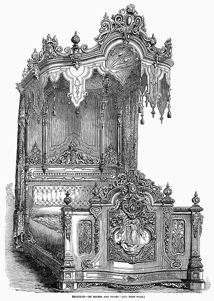 VICTORIAN BEDSTEAD, 1851. Bedstead designed by Rogers and Dears of London, England. Wood engraving, 1851