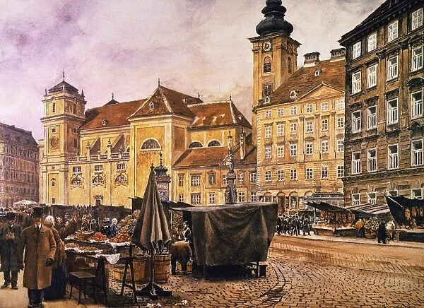 VIENNA: FREYUNG MARKET. The Freyung market at Vienna: oil on canvas, 1919, by A
