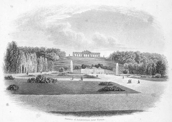 VIENNA: SCHOENBRUNN, 1823. The Gardens of Schoenbrunn Palace, Vienna, Austria. Steel engraving, 1823, after a drawing by Robert Batty