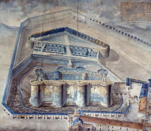 VIEW OF THE BASTILLE. A birds-eye-view of the Bastille. French watercolor by Pierre Fran├ºois Palloy