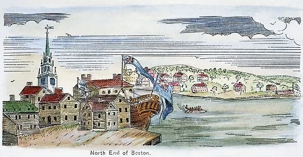 View of Boston during the American Revolutionary War. North End with Old North (Christ) Church is at left and Charlestown is seen in the background. Wood engraving, 19th century