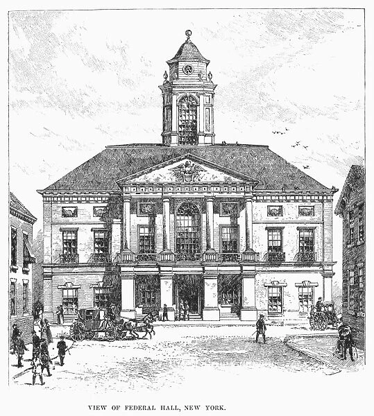 View of Federal Hall in New York City, site of George Washingtons presidential inauguration in 1789. Wood engraving, 19th century