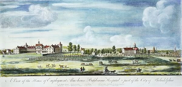 A view of the House of Employment, Almshouse, Pennsylvania Hospital and part of the City of Philadelphia: colored line engraving, c1767