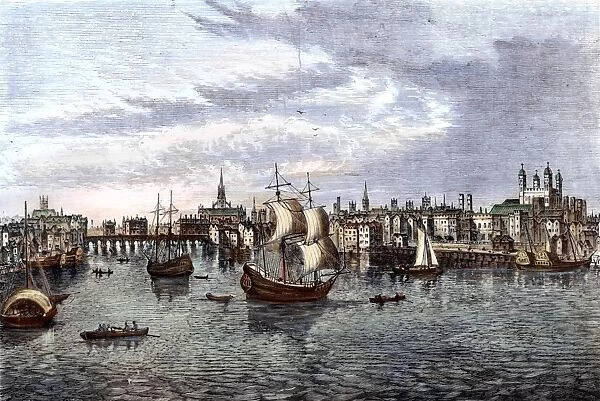 VIEW OF LONDON, 1550. London as it appeared in 1550, viewed from the southeast across the Thames River: wood engraving, c1875