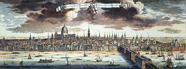VIEW OF LONDON, 1707. From the Surrey side of the Thames River; the original London Bridge at the right: colored engraving, 1707