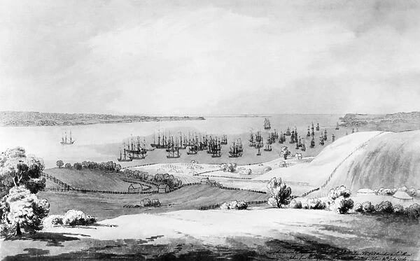 View of the Narrows between Long Island and Staten Island with our fleet at anchor and Lord Howe Coming In. Pen and ink and wash drawing, 12 July 1776, by Archibald Robertson, a lieutenant in the Royal Engineers