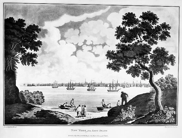 VIEW OF NEW YORK, 1801. View of New York City from Long Island. Aquatint, 1801