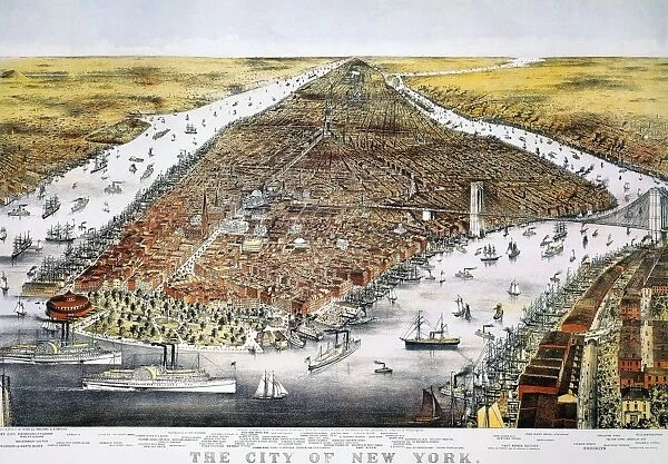 VIEW OF NEW YORK, 1876. Bird s-eye view of New York and parts of Brooklyn