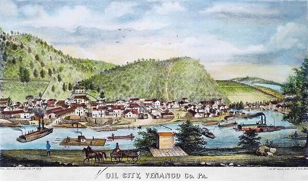 A view of Oil City, Pennsylvania, refining and shipping point of the early American petroleum industry: lithograph, 1864