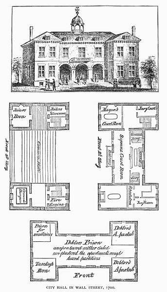 View and plan of the old City Hall of New York, c1700, located on Wall Street and containing courtrooms, a firehouse, and a debtors prison. Wood engraving, 19th century