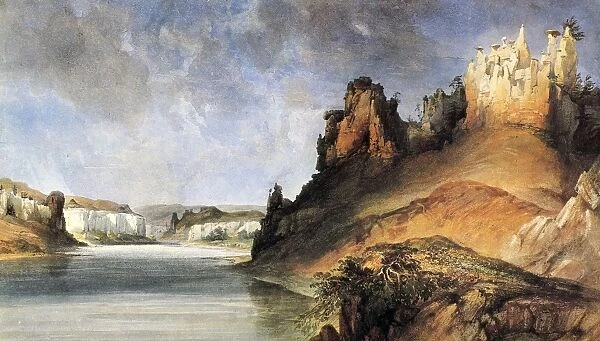 VIEW OF THE STONE WALLS. Rock formations along the Missouri River in Montana. Watercolor by Karl Bodmer, 1830s