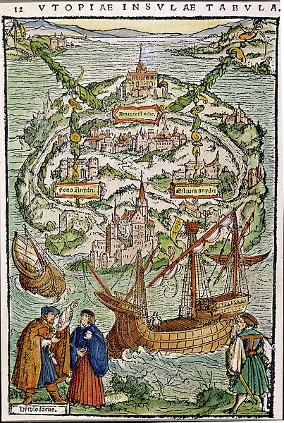 THE VIEW OF UTOPIA. Colored woodcut from Sir Thomas Mores Utopia, 1518