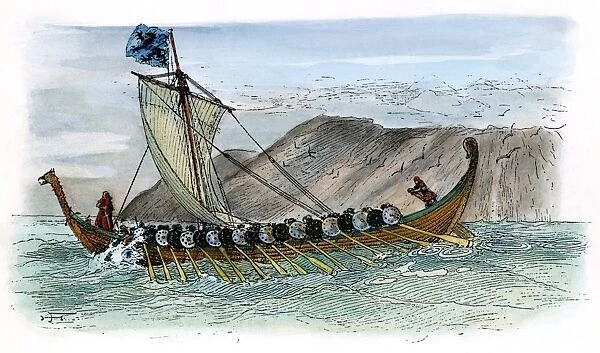 VIKING SHIP, c1000 A. D. A Viking ship under oars and sail. Drawing by Harry Fenn, c1905