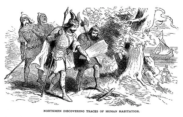 VIKINGS: NORTH AMERICA. Norsemen discovering traces of human habitation. Wood engraving, American, 19th century