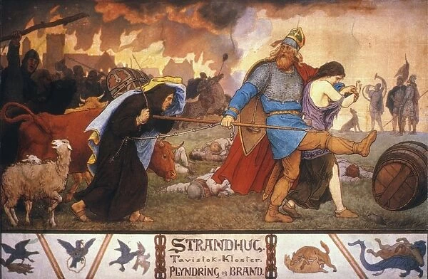 VIKINGS PLUNDERING a monastery. Panel, 1883, by Lorenz Frolich