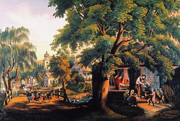 THE VILLAGE BLACKSMITH. Lithograph, 1864, by Currier & Ives