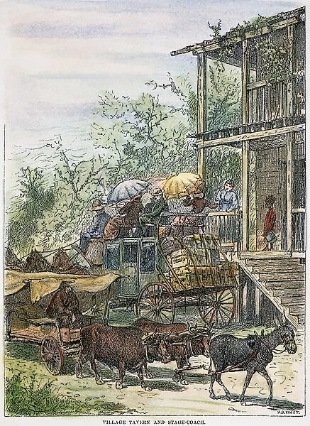 Village tavern and stagecoach in western North Carolina. Wood engraving, 1880, after Arthur Burdett Frost