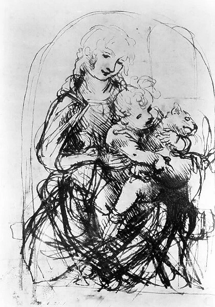 VIRGIN & CHILD WITH A CAT. Drawing by Leonardo da Vinci