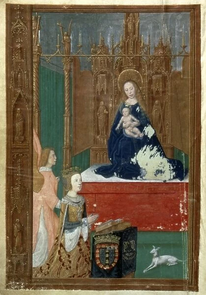 VIRGIN & CHILD. Queen Eleanor of Portugal kneeling before Virgin & Child statue