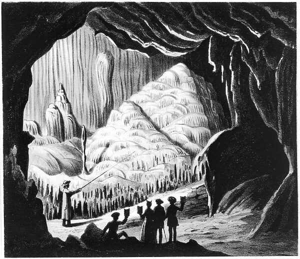 VIRGINIA: CAVE, 1856. Sightseers in the cataract of Weyers Cave in the Blue Ridge Mountains of Virginia. Lithograph, American, 1856