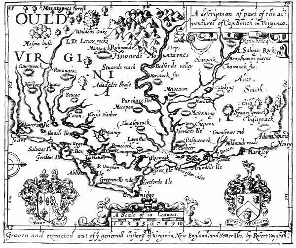 VIRGINIA MAP, 1624. John Smiths map of Virginia: line engraving from his Generall Historie of Virginia, 1624